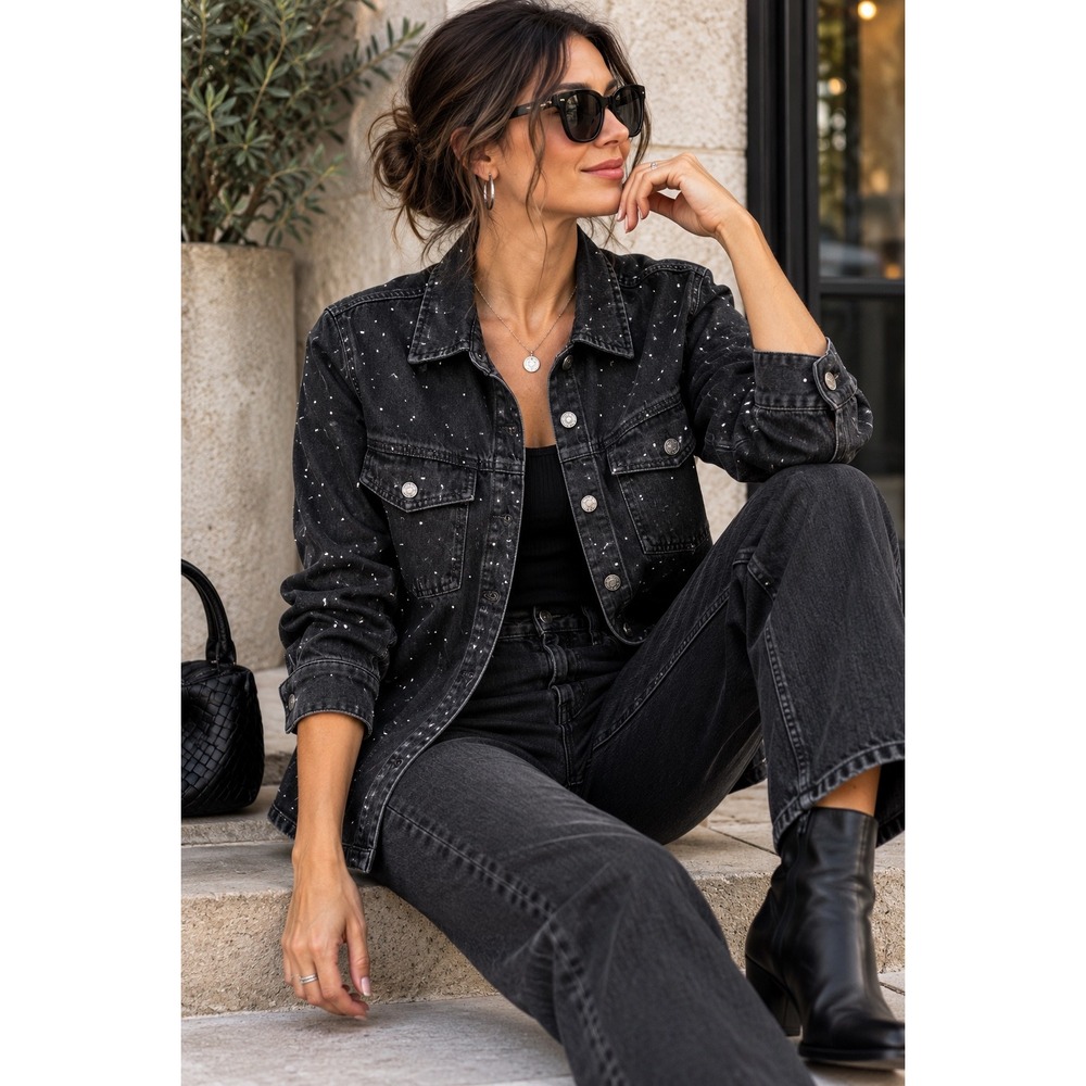 Express Womens Black Rhinestone Embellished Denim Trucker Jacket S EX010032